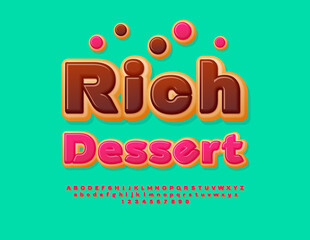 Vector Sweet label Rich Dessert. Tasty Donut Font. Delicious Alphabet Letters and Numbers set.