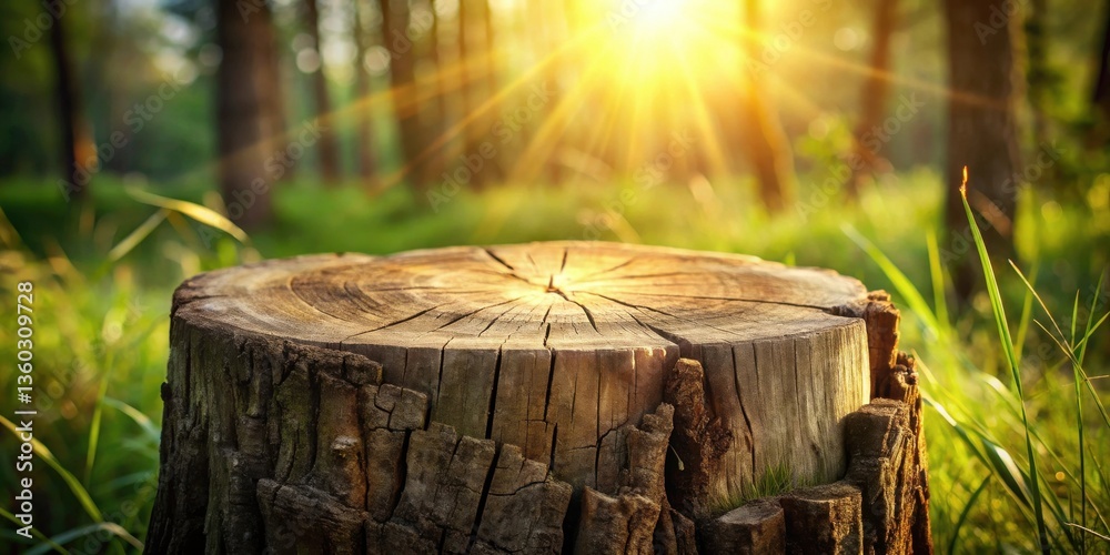 Poster Sunlit Tree Stump in a Verdant Forest Setting