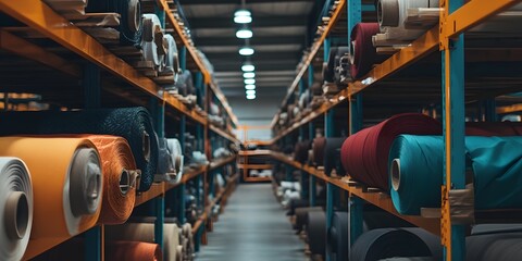 Obraz premium Organized warehouse shelves with colorful textile supplies long title A large industrial warehouse filled with rows of organized shelves holding