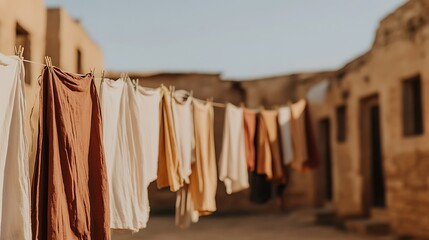 Sun-Drenched Laundry Hanging in Ancient Village Setting