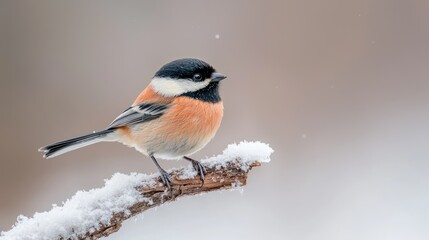 Obraz premium Small bird perched on snowy branch (1)