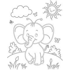 hand drawing elephant black outline vector, cute baby elephant coloring page for kids