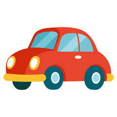 a red car cartoon with a yellow bumper and blue wheels. The windows are clear, and the overall design is simple and bright. vector illustration