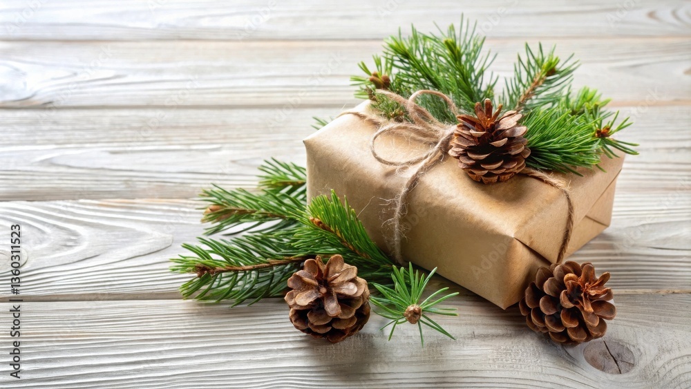 Aufkleber rustic gift wrapped in brown paper with pine cones and evergreen branches on wooden surface