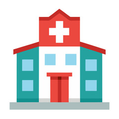 Obraz premium a vibrant cartoon illustration of a modern hospital building. It features a red cross on top and various windows and doors