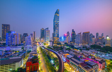 The evening atmosphere of Bangkok has the tallest MahaNakhon building.