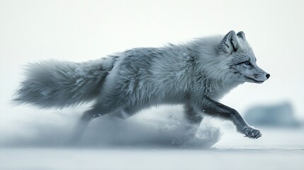 Obraz premium Arctic fox running through snowy landscape with thick fur and focused expression.