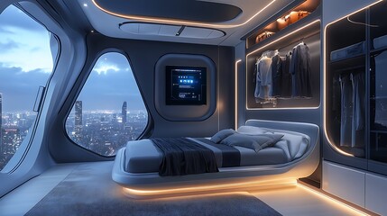 Stylish modern bedroom featuring a built-in virtual assistant, an intelligent wardrobe organizer, and a panoramic view of a futuristic city 