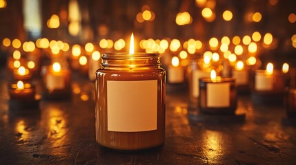 Warm candlelight illuminating a rustic wooden table with a peaceful ambiance.
