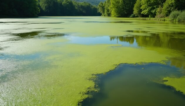 Toxic algal bloom covers lake water. Green algae caused by nutrient pollution, harming aquatic ecosystems. Environmental issue, climate change effect. Eutrophication, water pollution. Nature, eco