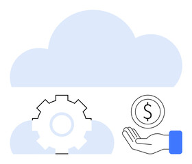 Gear represents technology, hand with coin emphasizes economic aspects, and clouds signify cloud computing. Ideal for finance, digital transformation, SaaS, innovation, automation, business growth