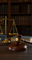 Elegant golden justice scale and judge’s gavel on desk in sunlit traditional courtroom
