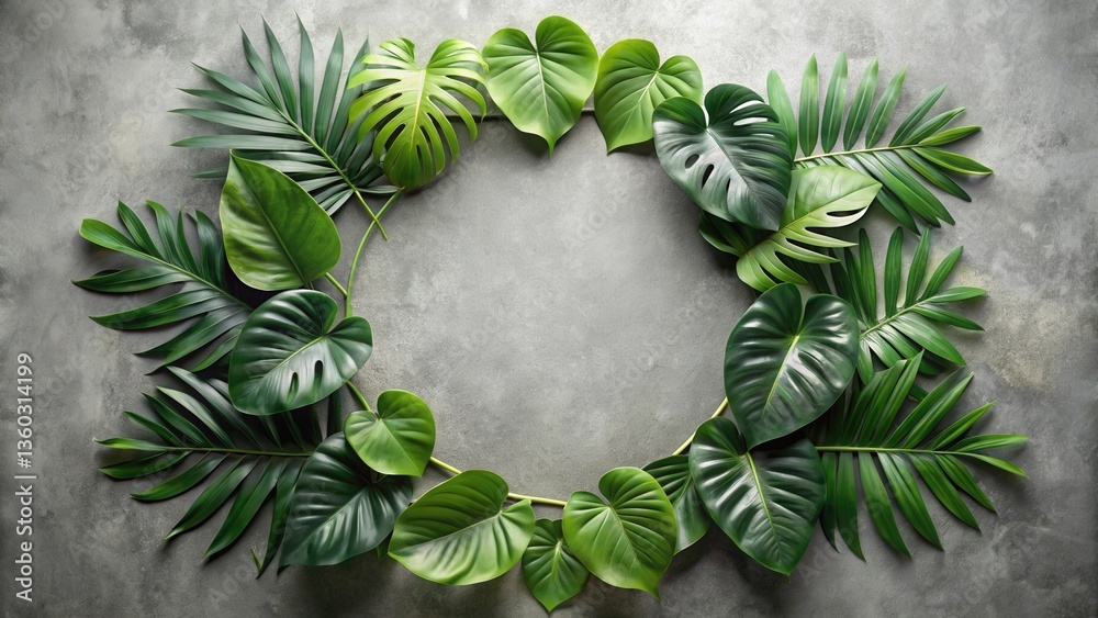 Poster lush greenery frame vibrant tropical leaves arranged in a circular design on a neutral background fo