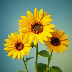 Obraz premium Close-up of three vibrant sunflowers with blurred background, garden, Selective focus