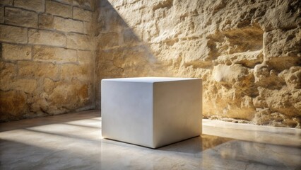 A pristine white cube rests serenely against a sunlit stone wall