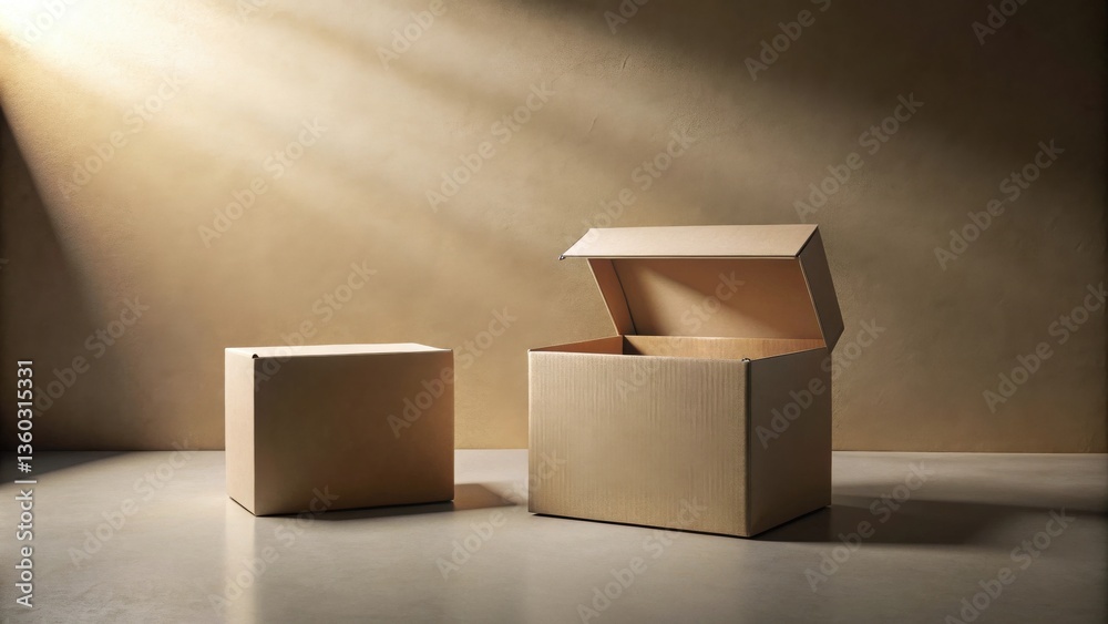 Poster empty cardboard boxes on a neutral background, ready for product placement or shipping concept