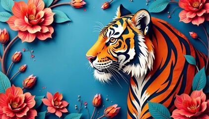 Fototapeta premium Colorful handcrafted tiger paper cut artwork with intricate details, craft, intricate