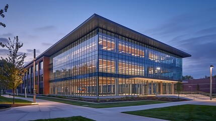 A sleek conference center featuring a glass exterior with traditional brick and stone elements, providing a modern yet timeless appearance