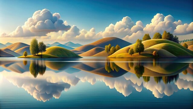 Serene landscape reflecting in a tranquil lake, showcasing idyllic rolling hills and fluffy clouds under a clear sky