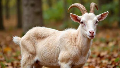 Obraz premium Smiling goat standing in autumn forest
