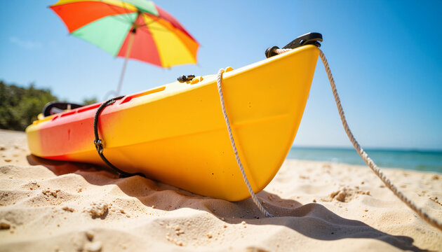 Yellow kayak on sandy beach with colorful umbrella