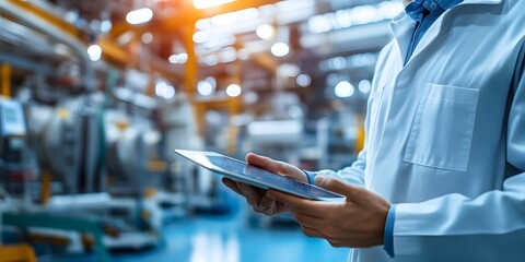 Warehouse worker using digital tablet to manage inventory and