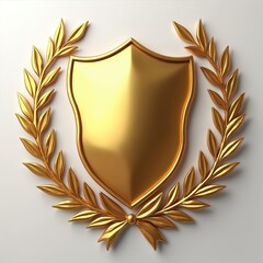 Golden shield laurel wreath emblem. Gold metallic shield with laurel wreath, award champion winner. Symbol success achievement quality excellence guarantee protection security isolated.