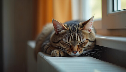Sleeping cat resting on a radiator by the window