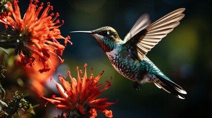 Fototapeta premium Hummingbird hovering near vibrant red flowers in nature
