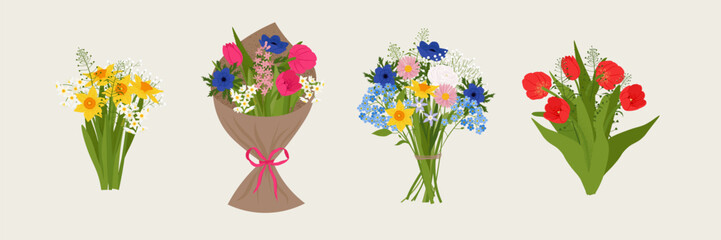 Set of bouquets. Blooming garden flowers. Flat Vector illustration in hand-drawn style