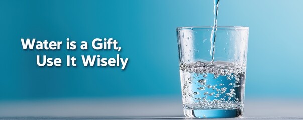 World water day with conservation and supply idea. Water pouring into a glass with a conservation message.