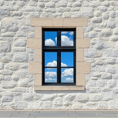 Fototapeta premium Reflective Window in Stone Wall Blue Sky and Clouds
