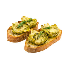 Two Artichoke bruschetta isolated on transparent background PNG