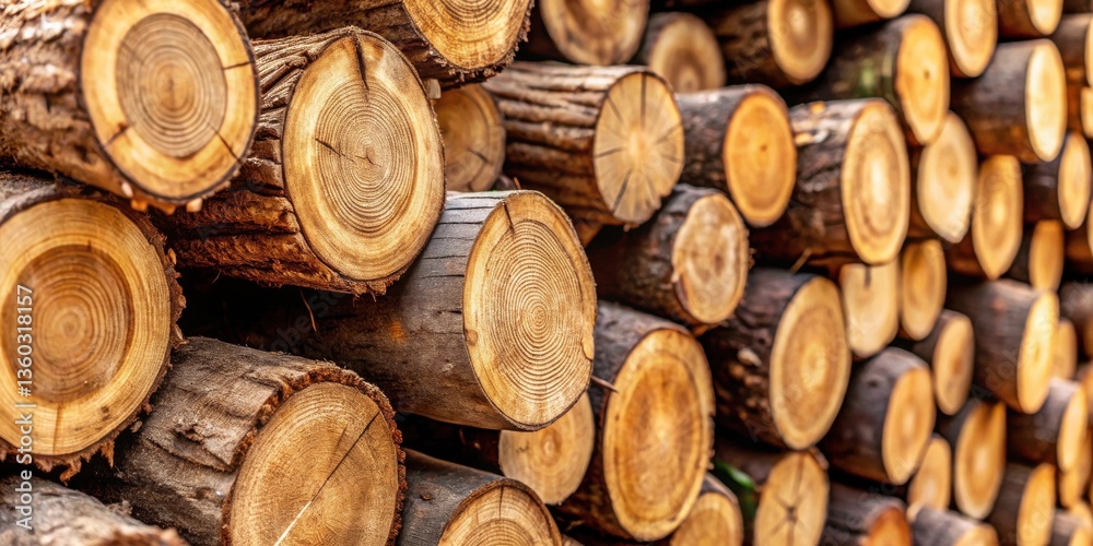 Fototapete close-up view of neatly stacked tree trunks, showcasing the intricate wood grain patterns and natura
