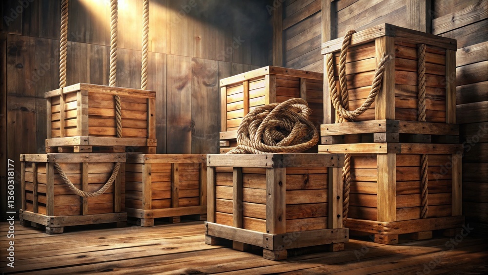 Poster rustic wooden crates stacked in a warehouse with rope