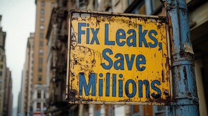 World water day with conservation and supply idea. Weathered sign urging leak repairs to save money for water conservation.