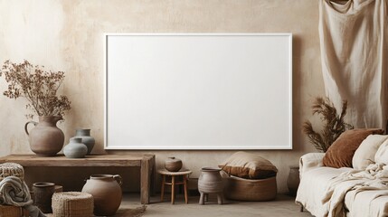 Minimalist boho-style living room with a blank white canvas on the wall