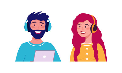 Stylish man and woman in headphones. Bearded hipster works on laptop and smiling girl listens to new podcast