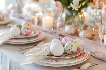 Elegant Easter table setting with floral plates and hand-painted eggs, surrounded by candles and spring flowers