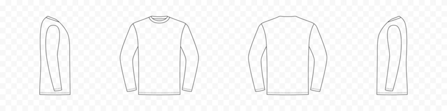 Sports long sleeve tshirt front and side back view. Outline shirt unisex pattern for everyday wear and sports
