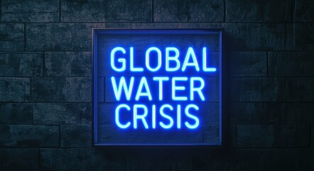 Fototapeta premium World water day with conservation and supply idea. Global water crisis neon sign on a dark textured wall.