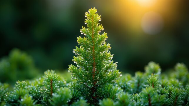 A vibrant, focused evergreen plant, bathed in morning light. Tiny droplets cling to the needles