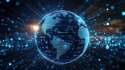 A blue digital Earth with light rays scattering around and data points, depicting the interconnected digital world and the flow of global information.