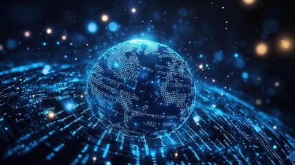 A blue digital Earth encircled by data orbits, representing the digital universe and the global circulation of information in the modern era.
