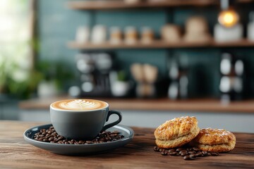 coffee and bakery concept. Cappuccino served on a wooden table with a side of roasted coffee beans and bakery scones under a soft cafe light