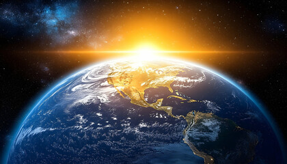 Obraz premium Stunning sunrise over Earth, showcasing North America and vibrant colors against a starry sky