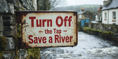 World water day with conservation and supply idea. Sign urging water conservation by a riverbank.