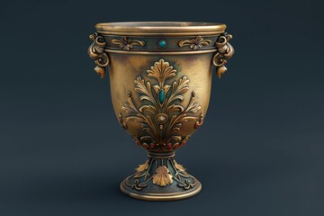 3d rendered vintage silver chalice embellished with emeralds and rubies against a dark blue backdrop