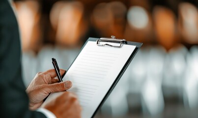 A businessman is taking notes on a clipboard at a conference, showing focus and attention.