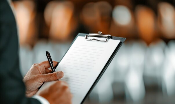 A businessman is taking notes on a clipboard at a conference, showing focus and attention.